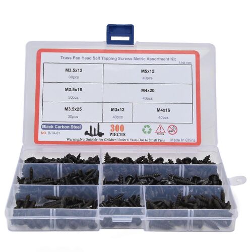 300Pcs Vis autotaraudeuses à tête en treillis Kit d'assortiment de vis en acier au carbone M3 M3.5 M4 M5