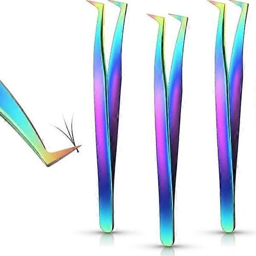 3 Pcs Pince À Épiler De Volume Pour L'extension Des Cils,Courbé,Arc-En-Ciel