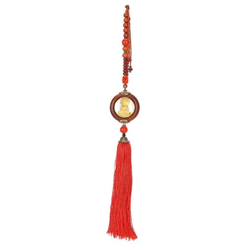 Statue de Bouddha en palissandre,pendentif décoratif en bois avec pompon pour voiture
