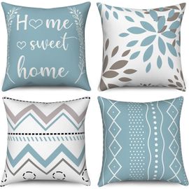Cauc-Housse De Coussin Bleu Clair 45x45 Set De 4, Home Sweet Home Fleurs Boho Géométriques Décoratives Housses De Coussin Ferme Moderne Lin Housse De Coussin Pour Canapé Lit Extérieur Home Decor