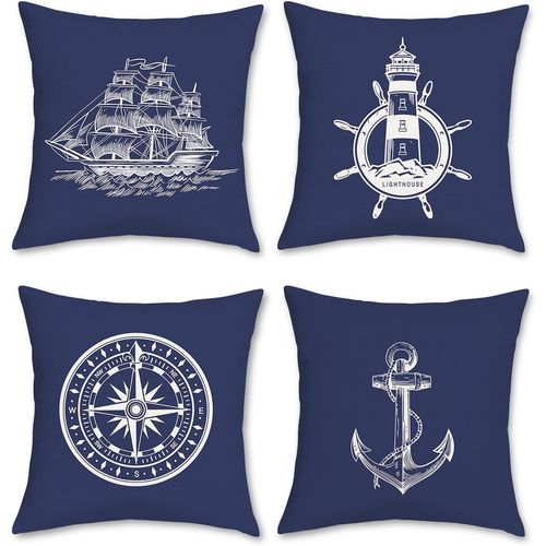 Cauc-Housse De Coussin Nautique Maritime 50 X 50 Cm Double Face Ancre Boussole Polyester Lin Décoratif Bleu Taie D'oreiller Pour Salon Maison Extérieur Décoration 4 Pièces