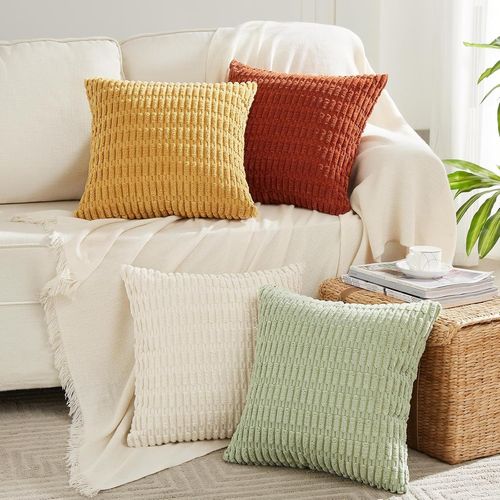 Tianyi-Lot De 4 Boho Housse De Coussin 40x40 Crème Jaune Vert Rouille Dégradé Automne Décoratif Housses De Coussin En Velours Côtelé, Douillet Taie D'oreiller Style Moderne Pour Canapé Chambre Lit