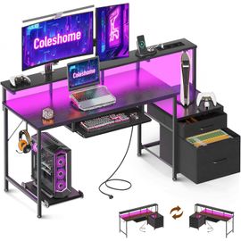 Ksfal-Bureau Gaming Avec Led,140x48cm Bureau Avec Tiroirs En Tissu Table Gaming Avec Prises De Courant,Table Informatique Avec Rangement Pour Domicile,Noir