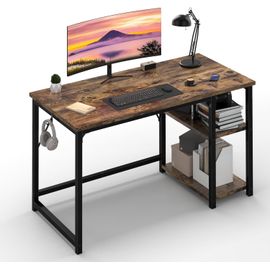 Ksfal-Bureau Avec 2 Étagères Réglable 120cm,Bureau D`Ordinateur Avec Rangement,Structure Acier Solide,Postes De Travail Réversible À Gauche Et À Droite,Marron Rustique