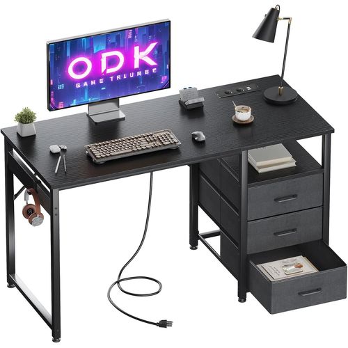 Ksfal-Bureau Avec 3 Tiroirs En Tissu,D'ordinateur Avec 2 Prises De Courant Et Usb,Pc Réversible,Table Pour La Maison (Noir,120x48x75,5 Cm)