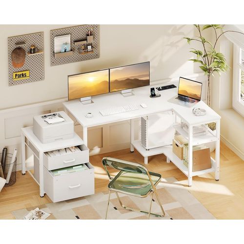 Bureau D'Angle Avec Rangement, 140x80 Cm Bureau En L Avec Tiroirs En Tissu, Bureaux Gaming Avec Prise Électrique, Table D'Étude Réversible Pour Chambre, Blanc