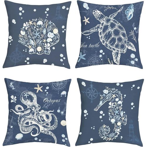 Cauc-Housse Coussin 45x45 Lot De 4 Bleu Marine Tortue Pieuvre Taie D'oreiller Océan Coquillage Hippocampe Animaux Housse D'oreiller Pour Coussins Canapé Housses Home Décor