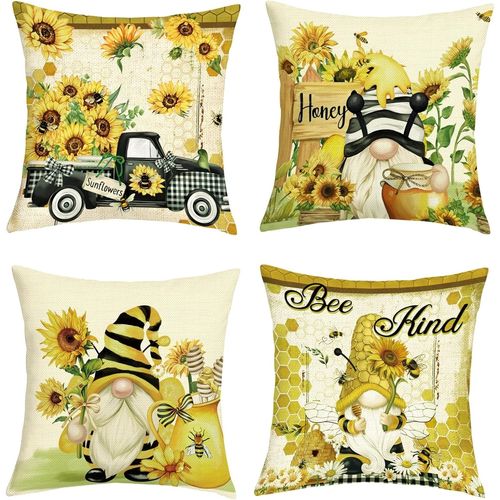 Trahoo-Housse Coussin 45x45 Lot De 4 Printemps Été Tournesol Fleurs Taie D'oreiller Jaune Abeille Miel Gnome Camion Housse D'oreiller Pour Coussins Canapé Housses Home Décor