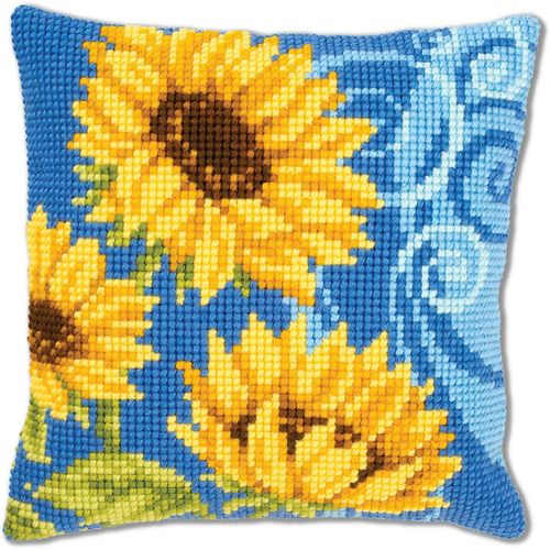 Ksfal-Kit Coussin Au Point De Croix Tournesols Sur Fond,Ca.40x40 Cm/16""X16"",Bleu