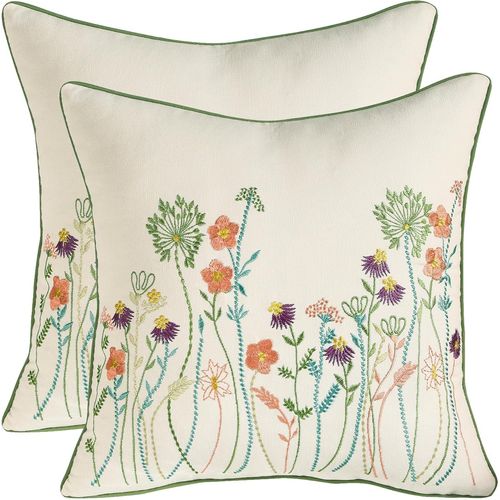 Trahoo-Lot De 2 Housse De Coussin Brodées 40x40cm Taie D'oreiller En Coton Floral Fleurs Violettes Roses Deco Pour Canapé Chambre Salon Voiture Fauteuil Maison Ferme