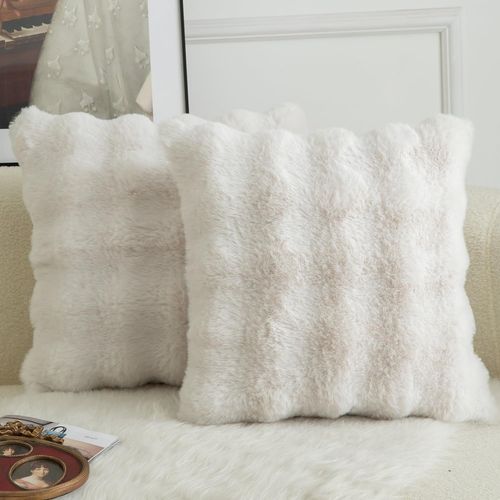 Cauc-Lot De 2 Housses De Coussin Décoratives En Laine Épaisse Et Doudou Super Douces Vague Bulle Fourrure Veloutée Taies Pour Canapé Lit Salon 55x55 Cm Blanc Crème\U200b