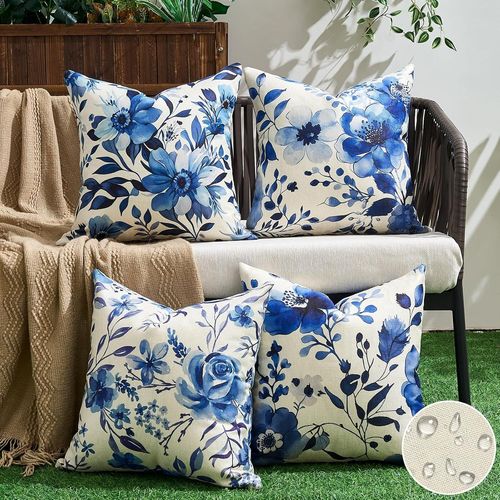 Tianyi-Lot De 4 Housses De Coussin Imperméables Bleu 40 X 40 Cm Housse Coussin Moderne Fleur Carré Lin Taie Oreiller Carré Coussin Décoratif Pour Canapé Chambre Extérieur Housse Oreiller