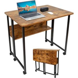 Ksfal-Bureau Pliable,Table De Bureau Pliante À Roulettes Et Tapis De Pieds,Table D'ordinateur Avec Rangement Pour Petit Espace Postes De Travail,Assemblage Facile,Rétro+Noir