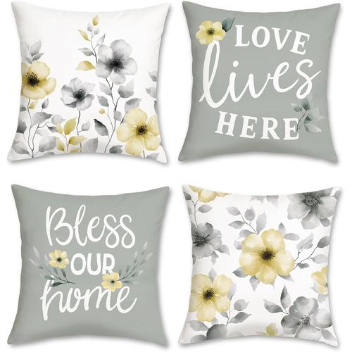 Cauc-Housses De Coussin Fleurs Aquarelle Floral Gris Jaune Moderne Ferme Velouté Taies D¿Oreiller Décoratives Pour Canapé Lit Maison Jardin 45 X 45 Cm 4 Pièces