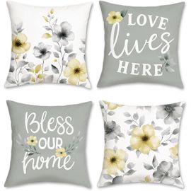 Cauc-Housses De Coussin Fleurs Aquarelle Floral Gris Jaune Moderne Ferme Velouté Taies D¿Oreiller Décoratives Pour Canapé Lit Maison Jardin 45 X 45 Cm 4 Pièces