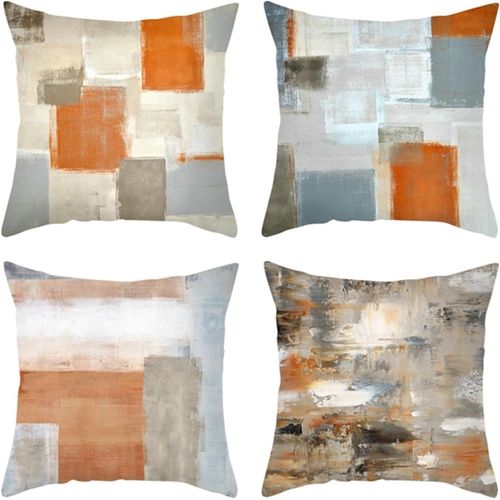 Tianyi-Housse De Coussin Decoratif, Housse Coussin 50x50 Orange Gris Blanc Taie D'oreiller Pour Canape Treillis Geometrique, Polyester