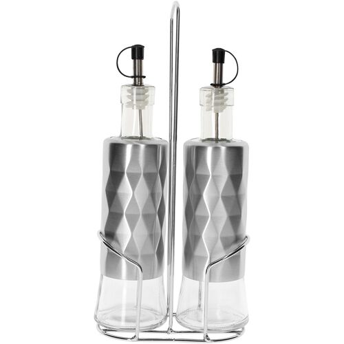 Bouteilles En Inox Verre Pour Huile Vinaigre 2x320ml Avec Support Solide Cheffinger Argent