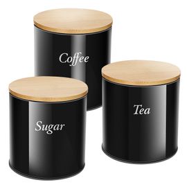 Ensemble 3 Boîtes Inox Avec Couvercle Bambou Pour Café Sucre Thé Cheffinger Noir / Marron