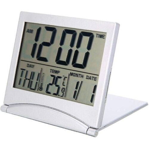 Réveil numérique pliable et portable avec écran LCD, thermomètre, calendrier et date. Fonctionne avec piles.