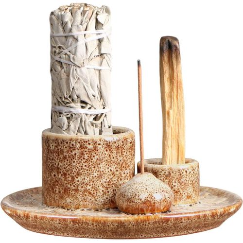 KALANKA-Brûleur d'encens multifonction 4 en 1 \u2013 Brûleur d'encens pour bâtons, support Palo Santo, brûleur de sauge, bougeoir en céramique de qualité supérieure pour yoga/méditation (blanc à pois