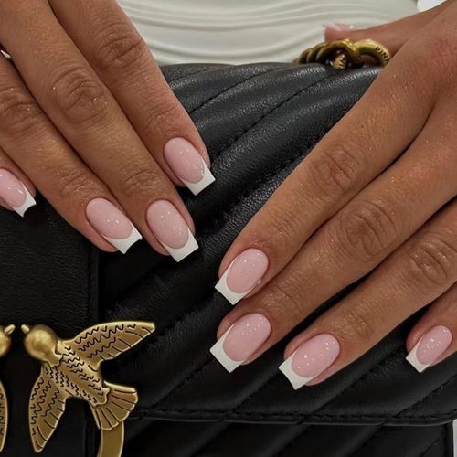 Kal-24 Pcs Blanc Carrés Faux Ongles Court Motif,Glossy Beige French Press On Nails Courts,Faux Ongle Avec Colle Pour Femme Et Ado,Pink Square Faux Ongles À Coller Nail Art 