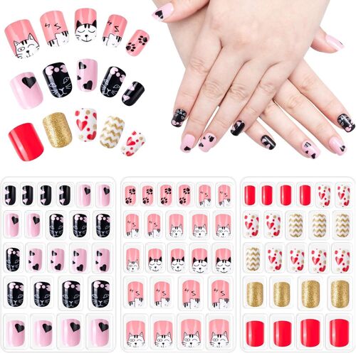 72 Pièces Faux Ongles Pour Enfants, Appuyez Sur Pré-Collé Faux Ongles Artificiels Pour Adolescentes Femme (3 Boîtes) 