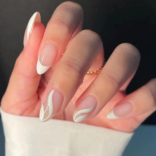 Kal-24 Pcs Paillette Vague Amande Faux Ongles Court Motif,Glossy Blanc French Press On Nails Courts,Ovale Faux Ongle Avec Colle Pour Femme Et Ado,Almond Faux Ongles À Coller Nail Art 