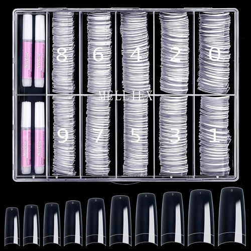 500 Pièces Faux Ongles Capsules French Acrylique Tips Ongles Gel, Kit Capsules Ongles Avec Colle Pour Femmes Filles (10 Tailles, Transparent) 