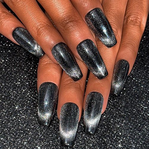 Kal-Brillant Scintillant Long Cercueil Noir Faux Ongles Fait Main Dégradé Français Oeil De Chat Faux Ongles Acrylique Scintillant Appuyez Sur Les Ongles Amovible Pour Les Femmes Et Les Filles 