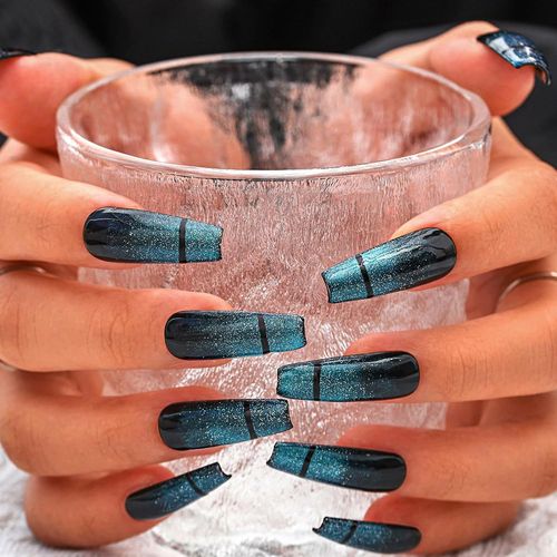 Kal-Briller Oeil De Chat Faux Ongles Faits À La Main Naturel Brillant Long Cercueil Faux Ongles Bleu Appuyez Sur Les Ongles Ongles De Qualité Durable De Salon Pour Les Femmes Et Les Filles 