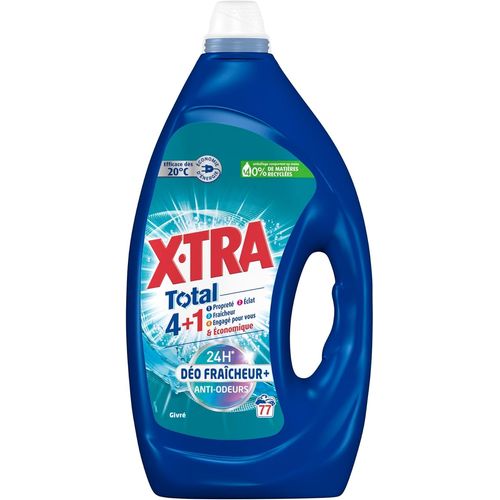 X, Tra Total - Lessive Liquide - 4 Plus 1 - Propreté - Eclat - Fraîcheur - Engagé Pour Vous - Economique - Parfum Givré - Déo Fraîcheur Plus - 24H Anti-Odeurs - Efficace Des 20°C - 77 Lavage[Z53]