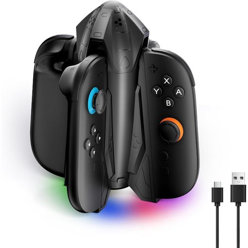 Station de Charge pour Manettes Nintendo Switch 2 (2025) | Charge Joy-Con 4-en-1, Portable pour Manettes | Avec 7 Modes d'Éclairage RGB, Indicateur LED & Câble de Charge USB Type-C, Noir