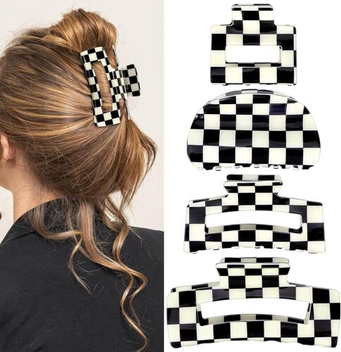 Checkered Hair Claw Clips 4 Pack Non-Slip Hair Clips For Thick Thin Curly Straight Long Hair Simple Style Black White Hair Accessories For Women