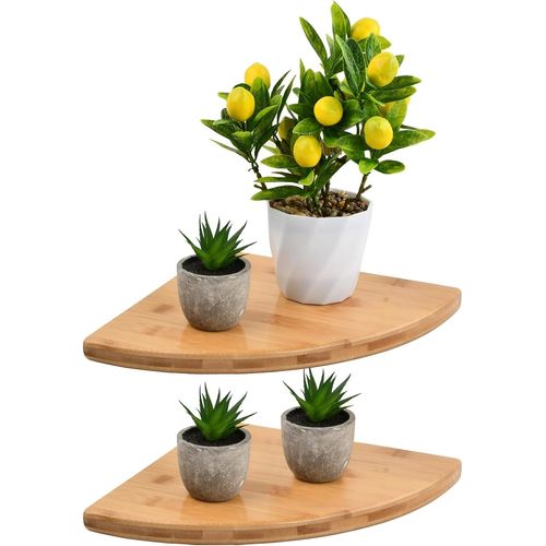 Étagère D'Angle Suspendue 2 Pièces ¿ Bambou Naturel 25X25 Cm ¿ Étagère Flottante Murale Pour Salon/Chambre/Cuisine/Salle De Bain ¿ Rangement Pratique Et Décoratif