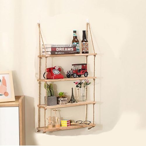 CAUC-Étagère Macramé Suspendue 4 NiveauxÉtagère Flottante Etagere Murale Cuisine Étagère Murale bohème en macramé à Suspendre
