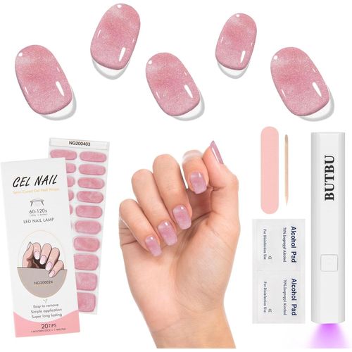 20pcs Autocollant Ongle Gel Uv, Gel Nail Stickers, Vernis Autocollant Uv, Film Pour Ongles Autoadhésif, Avec Lampe-Uv Lime À Ongles Et Bâton, Pour Femmes Filles Nail Designs (Treillis Français) 