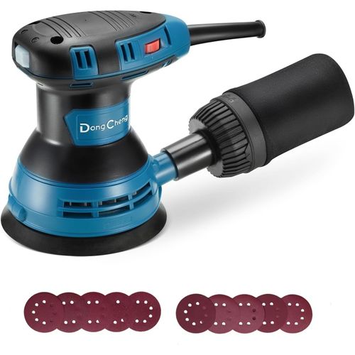 SUBZONAL-DongCheng Ponceuse excentrique 300 W, 125 mm, 6 vitesses, 4000-12000 tr/min avec dépoussiéreur et 10 types de papier de verre, Ponceuse orbitale aléatoire, idéale pour les travaux de bricola