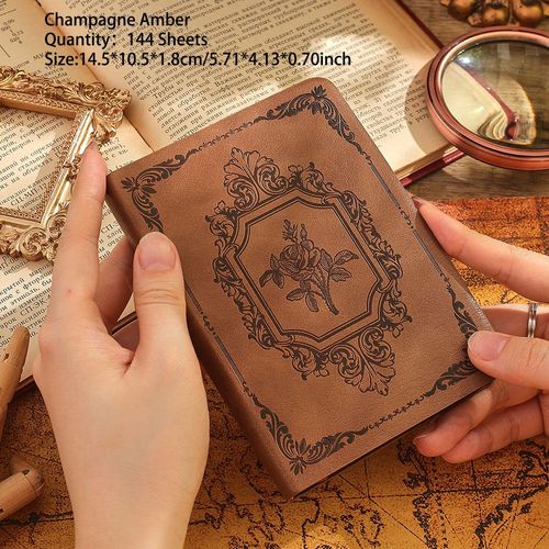 Carnet De Notes Vintage En Cuir Véritable De Qualité Supérieure,Journal En Relief,Papier Optique Doublé,Journal D'écriture,Calendrier Mensuel,Licence,144 Feuilles -Champagne Amber