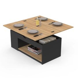 Table Basse Rectangulaire Relevable Convertible En Table À Manger Elea Bois Noir Et Façon Hêtre