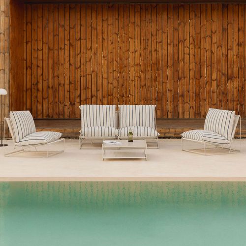 Ensemble De Jardin Amaro Avec Canapé Modulable 2 Pièces, 2 Fauteuils Et Table D'appoint Convertible Tapioca Beige - Bleu Marin