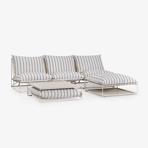 Ensemble De Jardin Amaro Avec Canapé Modulable 3 Pièces, Table D'appoint Et Pouf Tapioca Beige - Bleu Marin