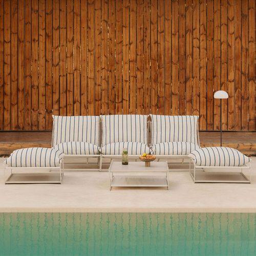 Ensemble De Jardin Avec Canapé Modulaire 3 Pièces, Table D'appoint Et 2 Poufs Convertibles Amaro Tapioca Beige - Bleu Marin