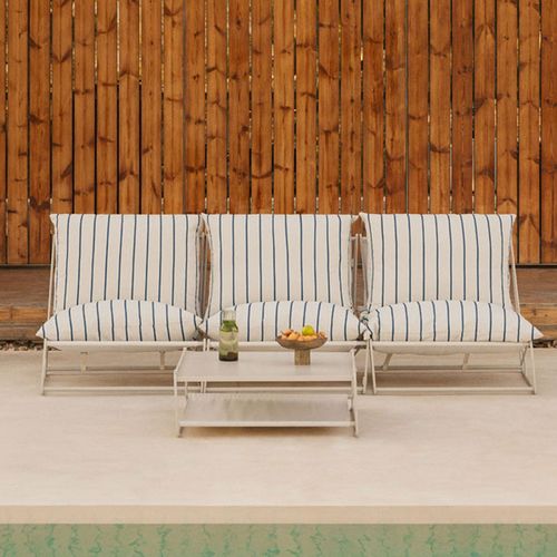 Ensemble De Jardin Modulable Amaro 3 Pièces Avec Canapé Et Table D'appoint Convertible Tapioca Beige - Bleu Marin