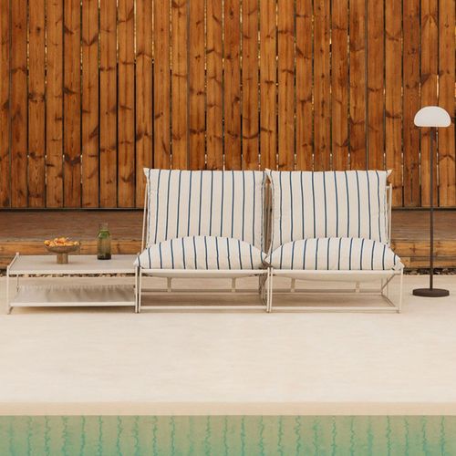 Ensemble De Jardin Amaro Composé D'un Canapé Modulable 2 Pièces Et D'une Table D'appoint Convertible Tapioca Beige - Bleu Marin
