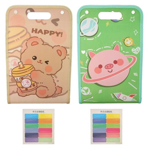 Lot De 2 Chemises Extensibles Multifonctions A4,Grande Capacité,13 Poches,Motif Dessin Animé,Pour L'école Et Le Bureau,Motif Ours Kaki Et Cochon Univers