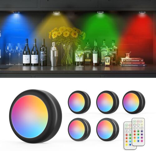 Lampe De Placard Lot De 6, 13 Couleurs Led Veilleuse Avec Télécommande, Minuterie Intensité Réglable Lumière Cuisine Sous Meuble Eclairage Led À Piles Pour Armoire,Escalier,Vitrine (T025 Noir)