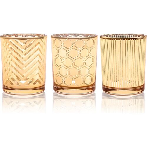 KALANKA-Bougeoir Verre, 3 Pièces Photophore Verre Doré, Bougeoir Decoratif Vagues, Rayures et Motifs Géométriques, Bougies Chauffe Plat Romantiques, Porte Bougie pour Anniversaire, Noël, Fête