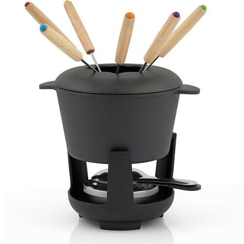 JEXNOVASHOP-Service à Fondue en Fonte pour 6 Personnes (Noir/déjà brûlé) | 1 Litre | Service à Fondue | 13 pièces avec brûleur et fourchettes