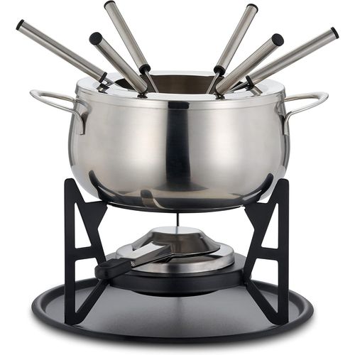 KALANKA-Oak & Steel - 10 Pièces Service à Fondue en Acier Inoxydable avec Coffret Cadeau - Chocolats, Bourguignonne, Fromage, Savoyarde & Viande
