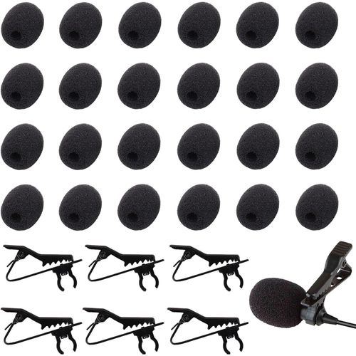 30 Pièces Kit de Remplacement de Microphone à Revers,24 Pièces de Protection en Mousse pour Mini Casque 6 Pinces à Cravate Pare Brise de Microphone pour Micro Cravate Micro Casque (Noir)